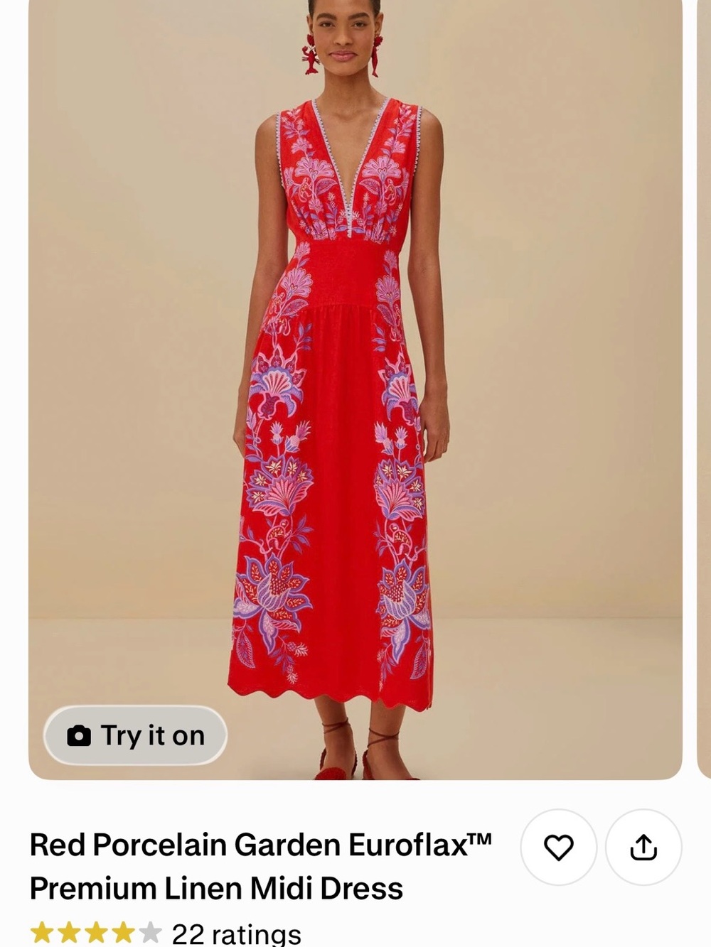 FARM Rio Red Midi Dress with Pink Floral Embroidery